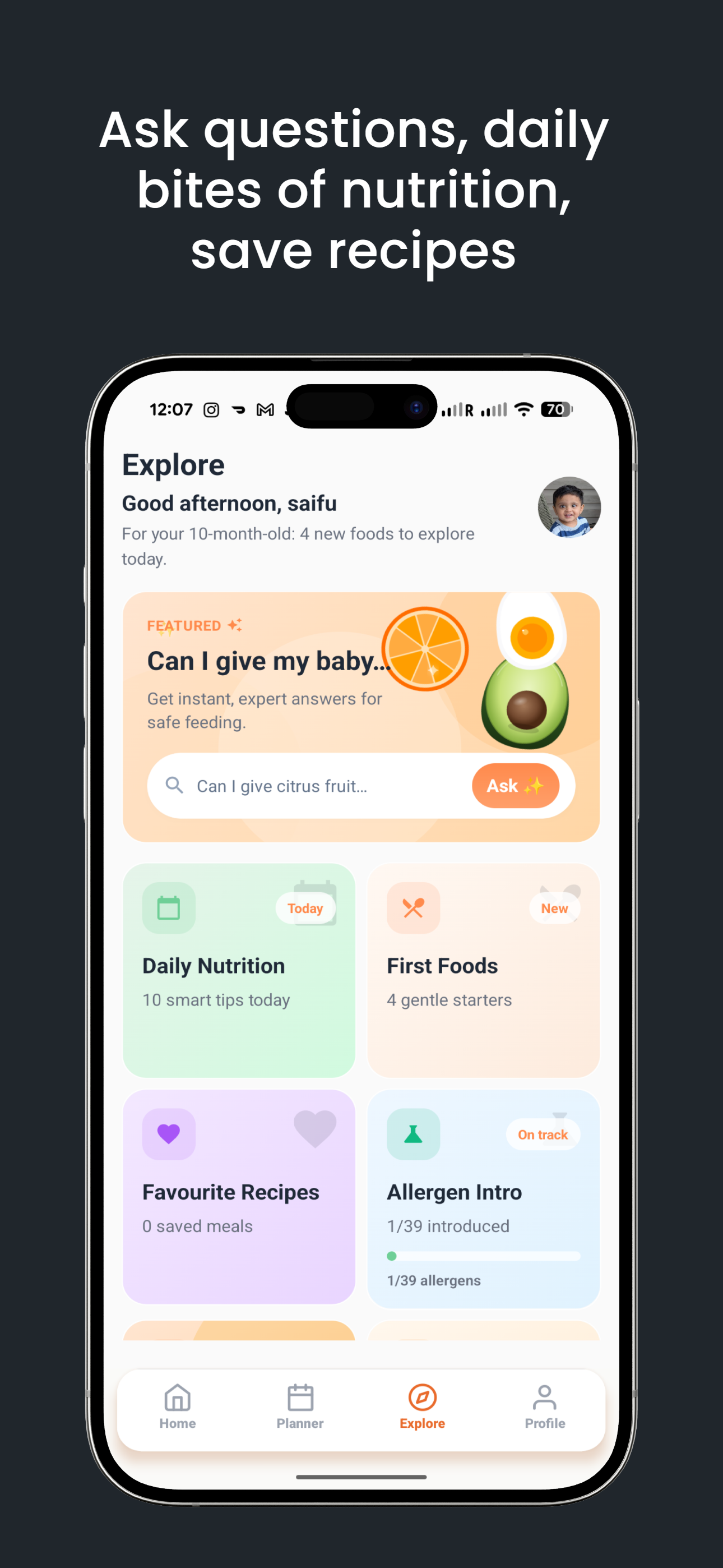 Explore tab with food suggestions