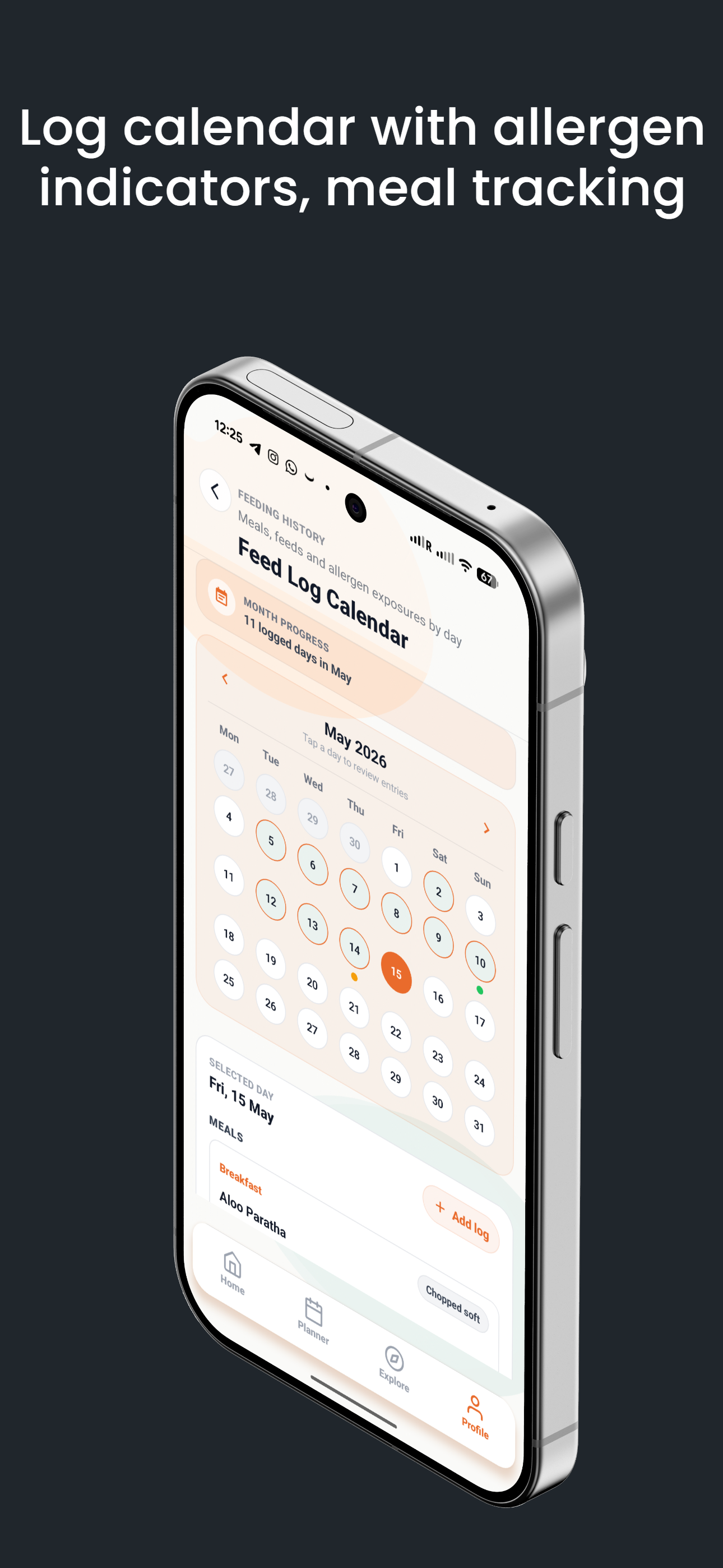 Calendar and feeding logs screen