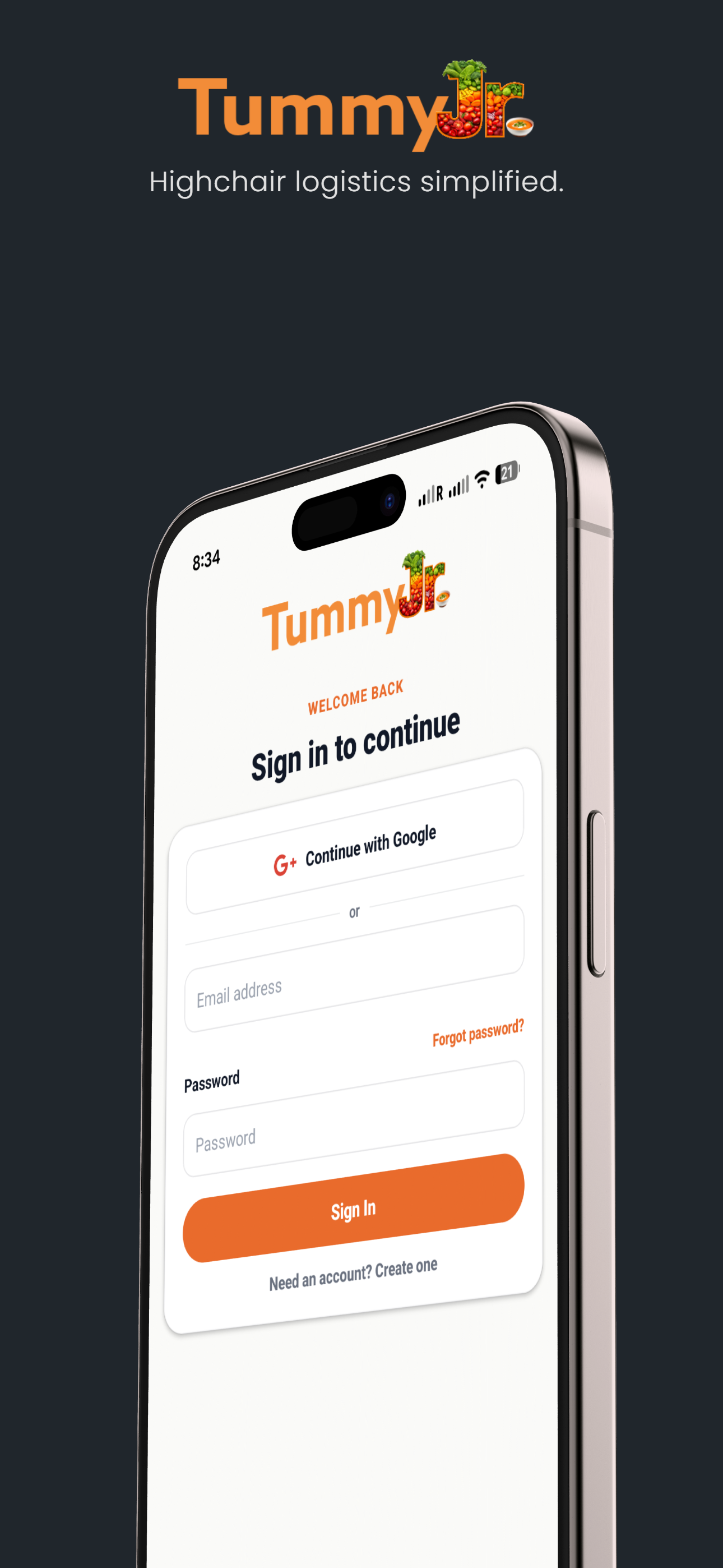 Tummy Jr. sign in and onboarding screen